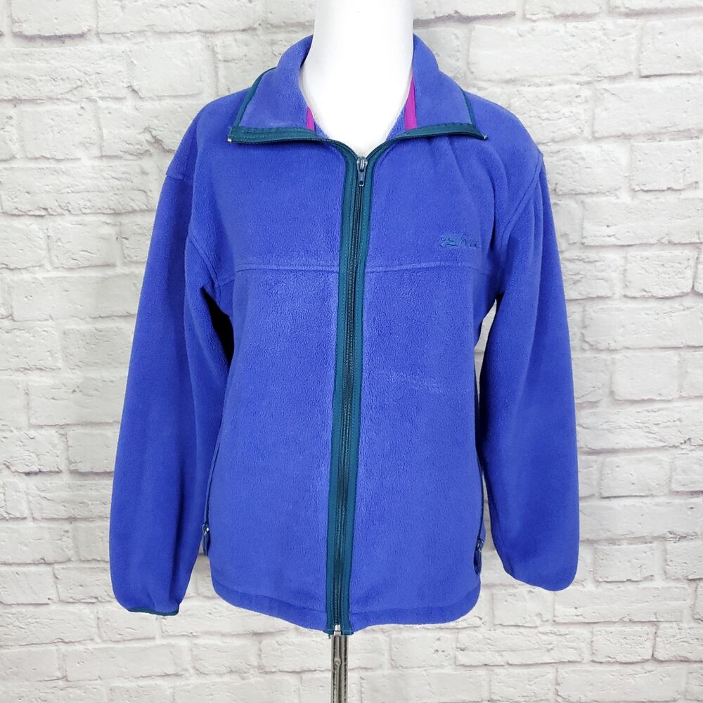 LL Bean Fleece Jacket Periwinkle Blue Green Trim 1990s  Full Zip Script Sz XS/S